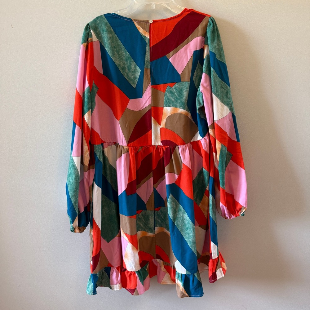 NWT Jodifl Geometric Print Babydoll Frill Dress | Multicolor | Size Large - Picture 4 of 4